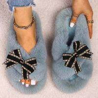 Faux Fur Slides For Women Elegant Ribbon Bow Furry Slippers Fluffy Flip Flop Cute Ladies Platform Fur Sandals High Quality Shoes