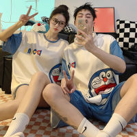 2PCS Summer Lovers Pajama Sets Women Men Korean Cartoon Doraemon Pattern Pijama Mujer Sleepwear Boys Girls Silk Cloth Pyjama