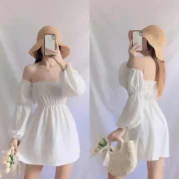 A3059 Miss Urban Square Neck Off Shoulder Puff Sleeve Shirred Back Babydoll  Dress