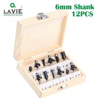 LAVIE 12pcs 6mm Shank Router Bit Set ตัดแต่งเครื่องตัดมิลลิ่งตรงทังสเตนคาร์ไบด์ C06T12BBKW