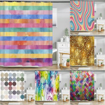 【CW】✥◕  Colorful Stripes Pattern Shower Curtain Curtains With Hooks Abstract Accessory