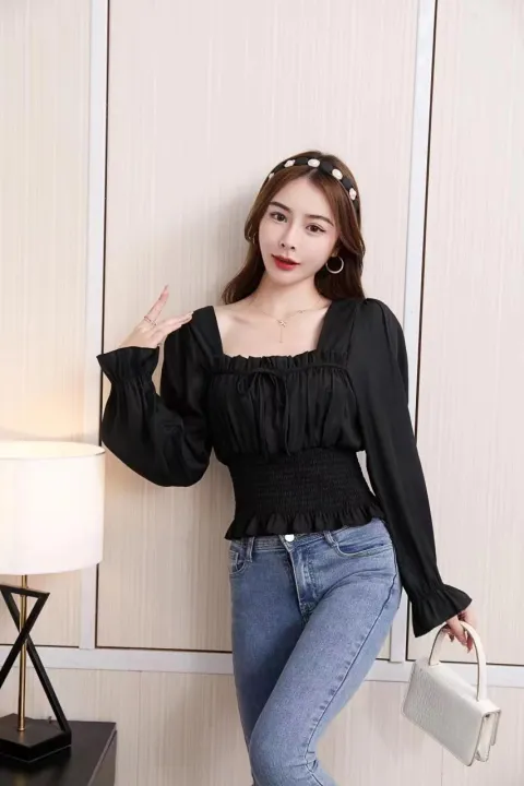 Lucy jeans 9989 plain long sleeve blouse for women fashion new korean style  square neck summer croptop outfit for ladies free size fit to medium high  quality | Lazada PH