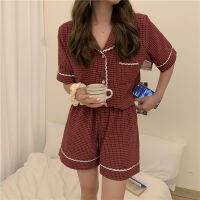 2022 Spring Summer Fashion Womens Casual Lovely Plaid Sleepwear Cute Kawai Retro Pajamas Set With Shorts Pants NewYear