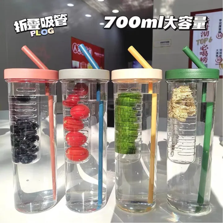 Straw Water Cup 700ML Fruits Filter Water Bottle Korean Style Trendy