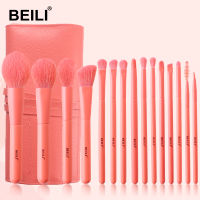 BEILI 15-pcs Makeup Brushes Coral Red High Quality Synthetic Hair Foundation Powder Blush Brow Eyeshadow Make up Brush Set