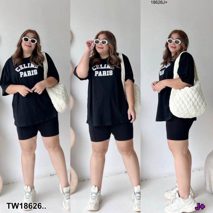 tw18626-set-bigsize-2-ชิ้น-เซทเสื้อยืดแขนสั้น-สกรีนลาย-กางเกงเลคกิ้ง