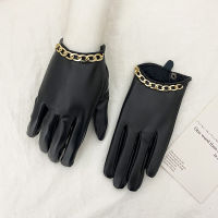 2Pcs Womens Genuine Leather Finger Gloves Metal Chain Skull Punk Motorcycle Biker Fingerless Glove Cool Touch Screen Gloves