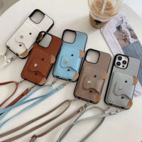 เคสโทรศัพท์มือถือหนัง ลายหมี พร้อมช่องใส่บัตร และสายคล้อง สําหรับ iPhone 11 Pro Max XS Max XR i6s i7 i8plus