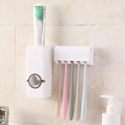 ยาสีฟันที่จับแปรงสีฟัน HJI เครื่องกดติดผนังเครื่องจ่ายยาสีฟันอัตโนมัติ5ช่องที่จัดระเบียบแปรงสีฟันสำหรับชั้นวางของในห้องน้ำ