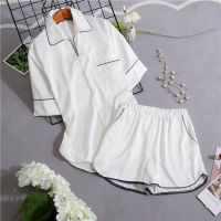 JULYS SONG Stain Pajamas Set Woman Summer Sleepwear 2 Pieces Pure Color Simple Casual Short-sleeved Shorts Pyjamas Loung Wear