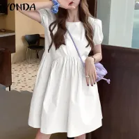 (Korean Style) VONDA Womens Puff Sleeve Shirt Dress Holiday Casual Sundress Retro Solid Long Tops