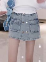 กางเกงขาสั้น Summer double-breasted denim skirt womens high waist A-line bag hip skirt