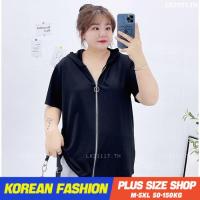 Plus size เสื้อผ้าสาวอวบ❤ เสื้อยืดสาวอวบอ้วน ไซส์ใหญ่ ผู้หญิง ทรงหลวม มีฮู้ด แขนสั้น คอวี มีซิป สีดำ ฤดูร้อน สไตล์เกาหลีแฟชั่น V728