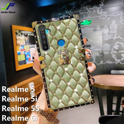 JieFie เคสโทรศัพท์ Realme 5i / Realme 6i / Realme 5 / Realme 5S เคสหนังหรูหราฝาครอบหลังโทรศัพท์เพชรสี่เหลี่ยม