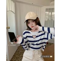 Love Hollow-Out Stripe Knitting T-Shirt Female 2022 Early Autumn New Long Sleeve Short Loose Render Unlined Upper Garment To Take A Coat