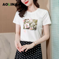 AOLINA 2023เสื้อยืดคอกลมแขนสั้น Sablon Bunga ใหม่ฤดูร้อน