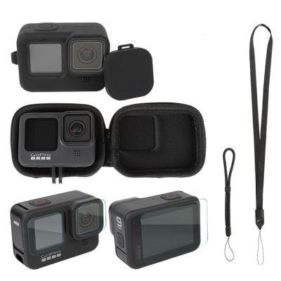 ชุดอุปกรณ์ป้องกันสำหรับ Gopro Hero 11 10 9 Blcak/กระเป๋า + ที่กระจกเทมเปอร์หน้าจอ + ปลอกซิลิโคน + หมวก + สายคล้อง