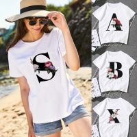 English Alphabet Print Women White Tshirt Harajuku Casual Aesthetic Tops Summer Short Sleeve Couples Lovers Female Tees T-shirt