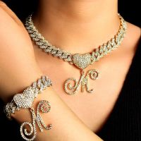 New Fashion A-Z Initial Cursive Letter Pendant Cuban Necklace for Women Iced Out Cuban Link Chain Necklace Set Hip Hop Jewelry