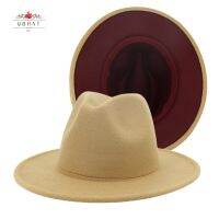 【Explosion umbrella】 QBHAT Tan Burgundy Patchwork Faux Wool Felt Jazz Fedora Hats With Felt Band Women Men Flat Brim Panama Trilby Cap Party Hat