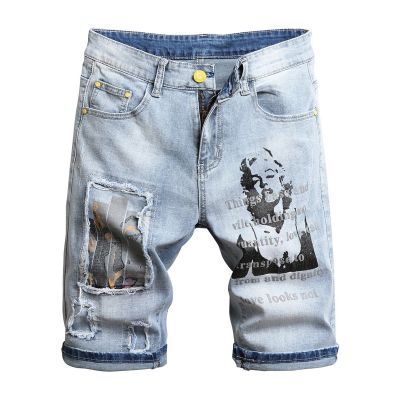 3D character art printed mens light blue comfortable denim shorts  summer new youth must-have fashion slim jeans shorts
