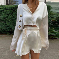 Brookv HuttbElegant Satin 2 Two Piece Set Women Lantern Long Sleeves Crop Tops Cardigan  High Waist Mini Tennis Sports Skirts