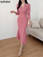 【HOT】◊☂▩ Fishtail Office Ruffled Evening Sundress 2023 V-Neck Puff Sleeve Robe