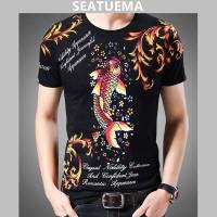 SEATUEMA ชายเสื้อยืดจีนพิมพ์ส่วนบุคคลผู้ชายบางพอดีหล่อแขนสั้นด้านบน