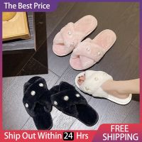 Autumn Winter Women Plush Slipper Thick Bottom Hollow Pearl Faux Fur Slippers Fashion Home Rubber Sole Non-slip Cotton Shoes