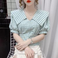 Plaid Shirt Women Korean Style Fashion Blouse 2023 Summer Casual Short Sleeve Tops Cotton