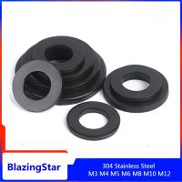 10-100PCS M3 M4 M5 M6 M8 M10 M12 Black 304 Stainless Steel Flat Washer Gaskets Spacers H=0.5-2mm Hardware Fastener Nails Screws  Fasteners