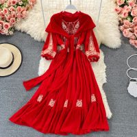 Bohemian WhiteYellowRed Embroidered Dress Women Scarf Collar Puff Long Sleeve Elegant High Waist Vestidos 2022 Female Robe New