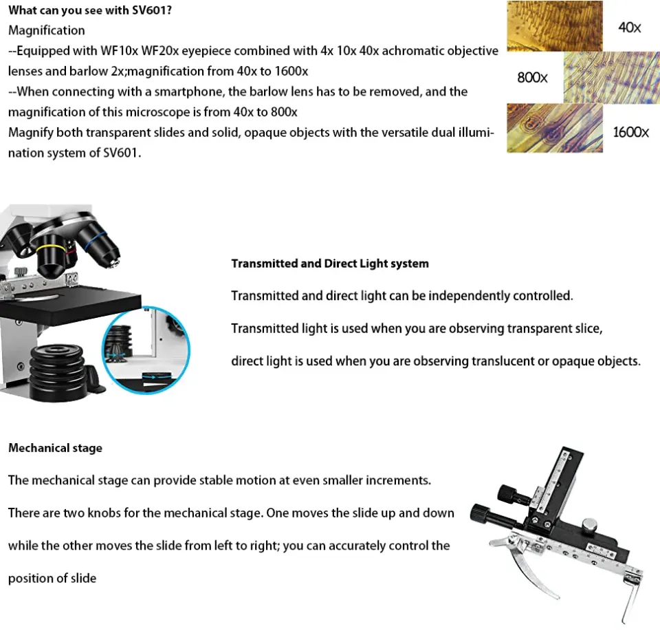 Svbony SV601 Microscope, 40x-1600x Microscope Monoculaire avec