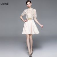 Light Luxury Heavy Industry Beads Stitching Lace High Waist Slimming Dignified Goddess Dress