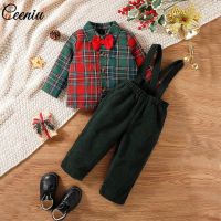 Ceeniu Baby Kids Christmas Clothes Outfit Sets Boys Red Plaid Shirts+Corduroy Green Overalls Newborn New Year Costume For Boys