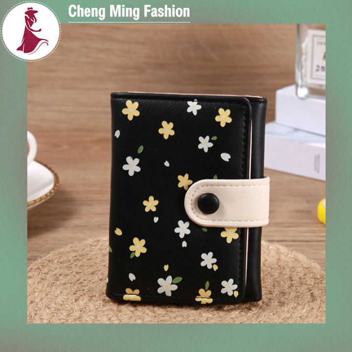 cheng-ming-กระเป๋าสตางค์ใบสั้นน่ารักสำหรับการพิมพ์ดอกไม้เด็กผู้หญิงมัลติฟังก์ชั่นพับสามทบกระเป๋าเก็บบัตร-dompet-koin