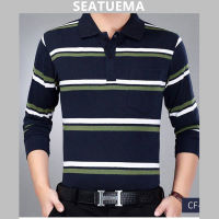 SEATUEMA ผู้ชายแขนยาวปกลายเสื้อยืดธุรกิจลำลองล่างเสื้อพ่อหลวมสบาย ๆ