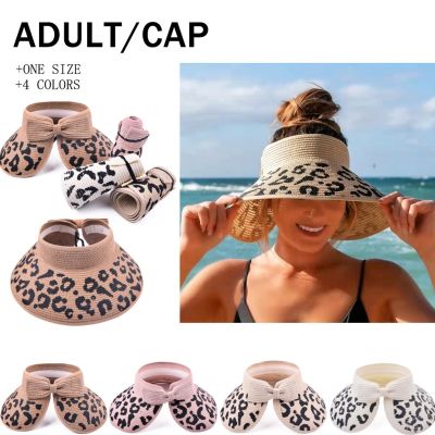 Retro Leopard Print Empty Top Hat Outdoor Beach Visor Summer Must Have Item Exquisite Bowknot Sun Hat for Women Girl