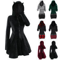 หูแมวน่ารัก Hooded ฤดูหนาวชุด Gothic Lace Up Slim เอว Belted แขนยาว Bicolor Slinky Cowl ด้านหน้า Bodycon Vestidos