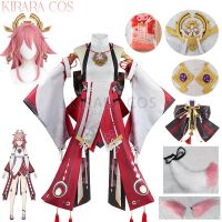 Genshin Impact Yae Miko Cosplay Costume Dress Miko Cosplay Wig Pink Fluffy Pink Fox Tail Ears Genshin Costumes