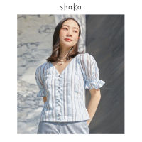 [EXCLUSIVE] Shaka - The Stripe Fitted Puff-Sleeve Blouse BL-S210219 เสื้อคอวี ติดกระดุมแต่งปั๊มผ้าตัวกลางหน้า เข้ารูป แขนเสื้อพอง สอดยางยืด