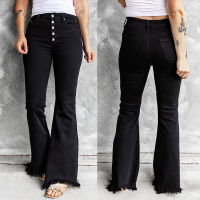 Korean Fashion Buttons Tassel Streetwear Jeans Woman 2021 Autumn Solid Mid Waist Slim Pants Black Pocket Boot Cut Jean Femme