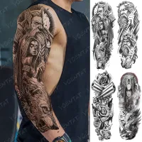 【YF】 Large Arm Sleeve Tattoo  Bear Skull Waterproof Temporary Tatto Sticker God Zeus Poseidon Body Art Full Fake Tatoo Women Men