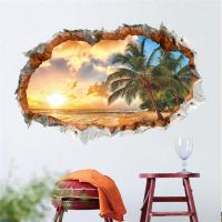 Sunset Seabeach Coconut Wall Art Stickers For Office Shop Living Room Bedroom Home Decoration 3d Broken Hole Scenery Mural Decal Wall Stickers  Decals