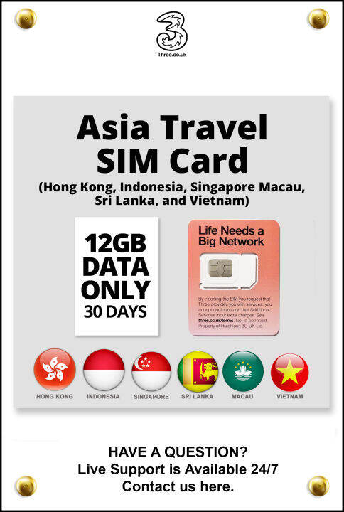 3UK 12GB Data Only Asia Travel SIM Card for use in Hongkong, Singapore ...