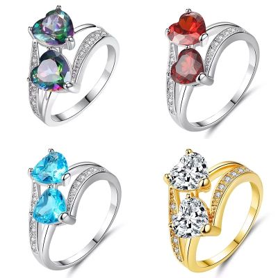 [MM75] Beiver Double Heart Rainbow CZ แหวนโรเดียมชุบงานแต่งงาน AAA Zircon เครื่องประดับผู้หญิงอุปกรณ์เสริมแหวนหมั้น