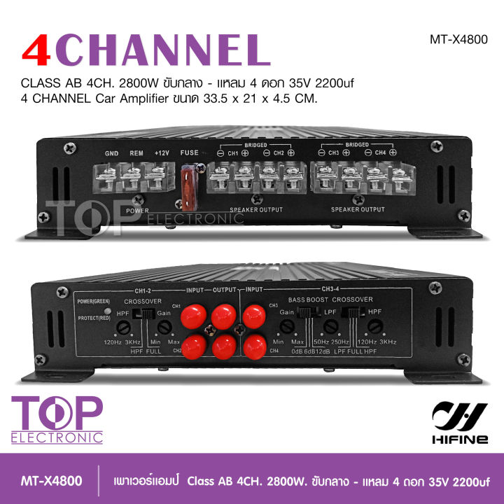 top-hifine-เพาเวอร์ขับกลางแหลม-แอมป์รถยนต์-mt-x4800-4ch-ab-2800w-ขับ6-5นิ้ว4ดอกแหลม4ดอก-หรือดอกซับ10นิ้ว1ดอก