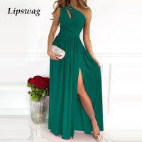 Summer Sleeveless Draped Lady Party Dress y Skew Collar Hollow Out Long Dress Women Spring One Shoulder High Slit Maxi Dress