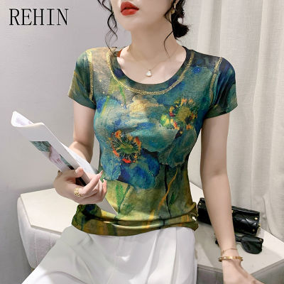 REHIN เสื้อยืดแขนสั้นพิมพ์ลายสีคนยุโรปฤดูร้อนแฟชั่นใหม่เสื้อคอกลมฐาน S-3XL เข้ารูปพอดีเสื้อผู้หญิง
