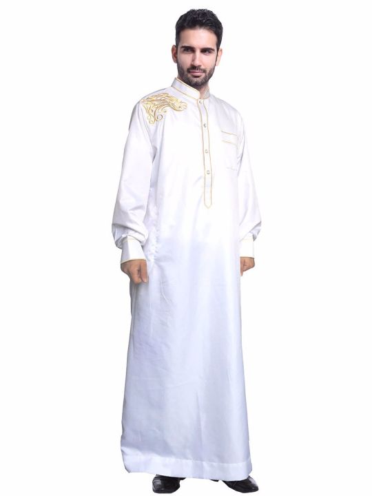ชุดเดรสยาวเสื้อผ้ามุสลิมผู้ชาย-jua-thobe-คอตั้งอิสลามชุดเดรสดูไบอาหรับผ้าคลุมยาวอาบายามุสลิมชุดเดรสยาวกิโมโนคาฟตันซาอุดิอาระเบีย